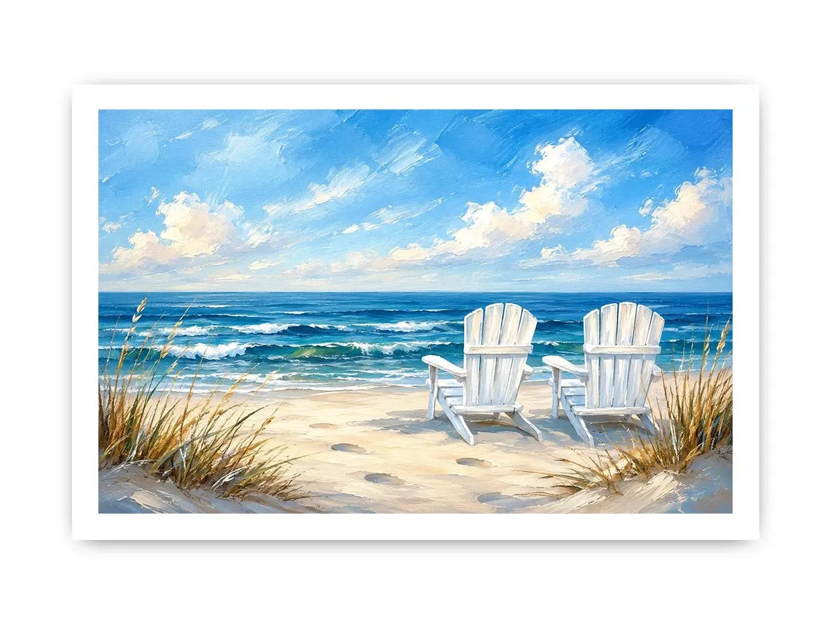 Peaceful beach view with Adirondack chairs