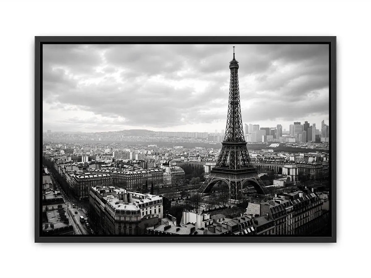 Eiffel Tower amid Parisian skyline haze