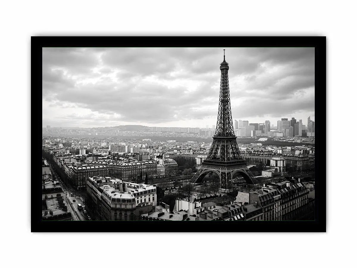 Eiffel Tower amid Parisian skyline haze