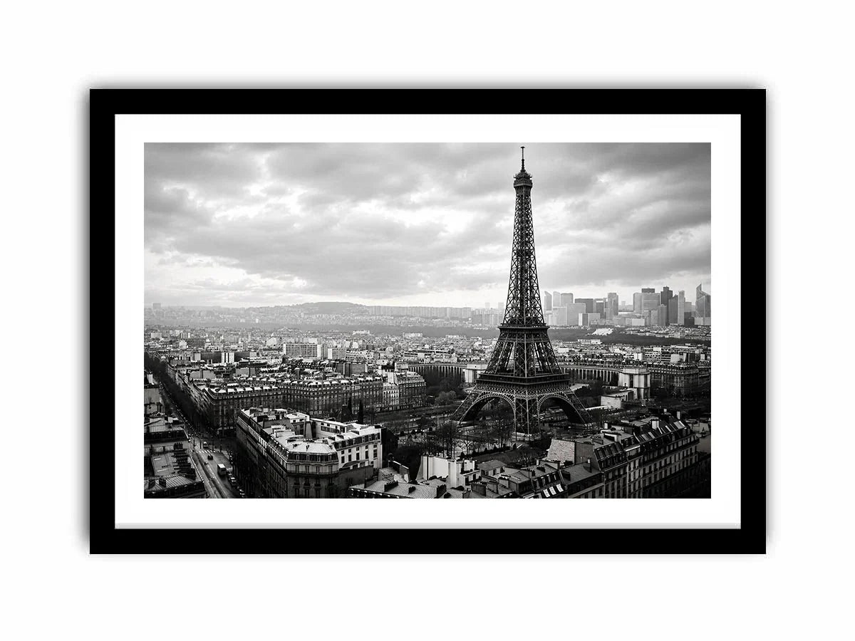 Eiffel Tower amid Parisian skyline haze