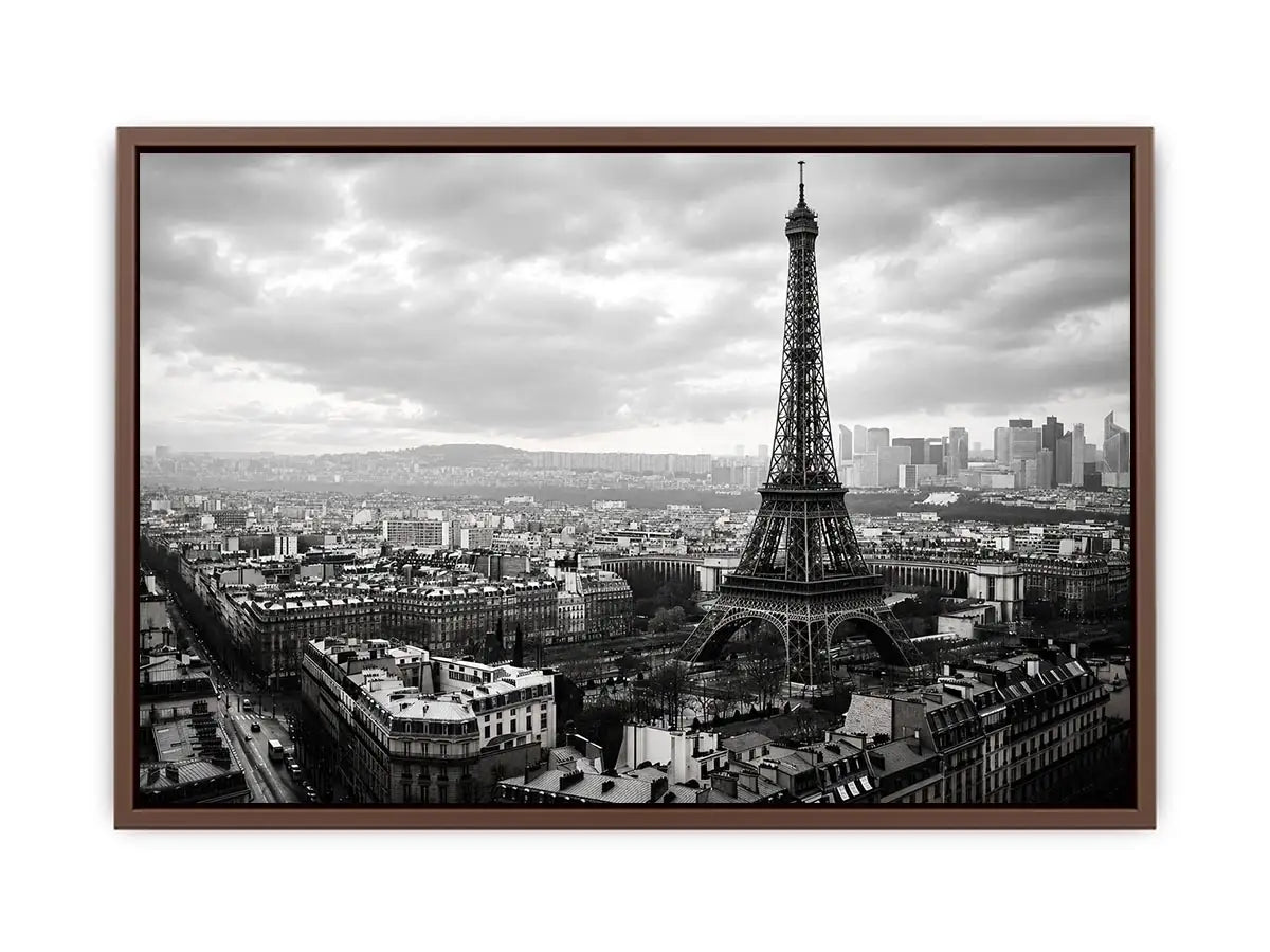 Eiffel Tower amid Parisian skyline haze