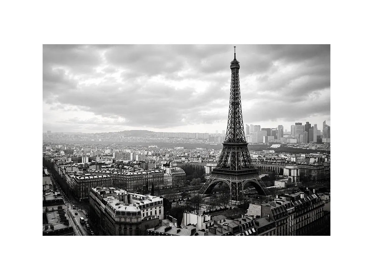 Eiffel Tower amid Parisian skyline haze
