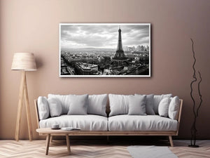 Eiffel Tower amid Parisian skyline haze