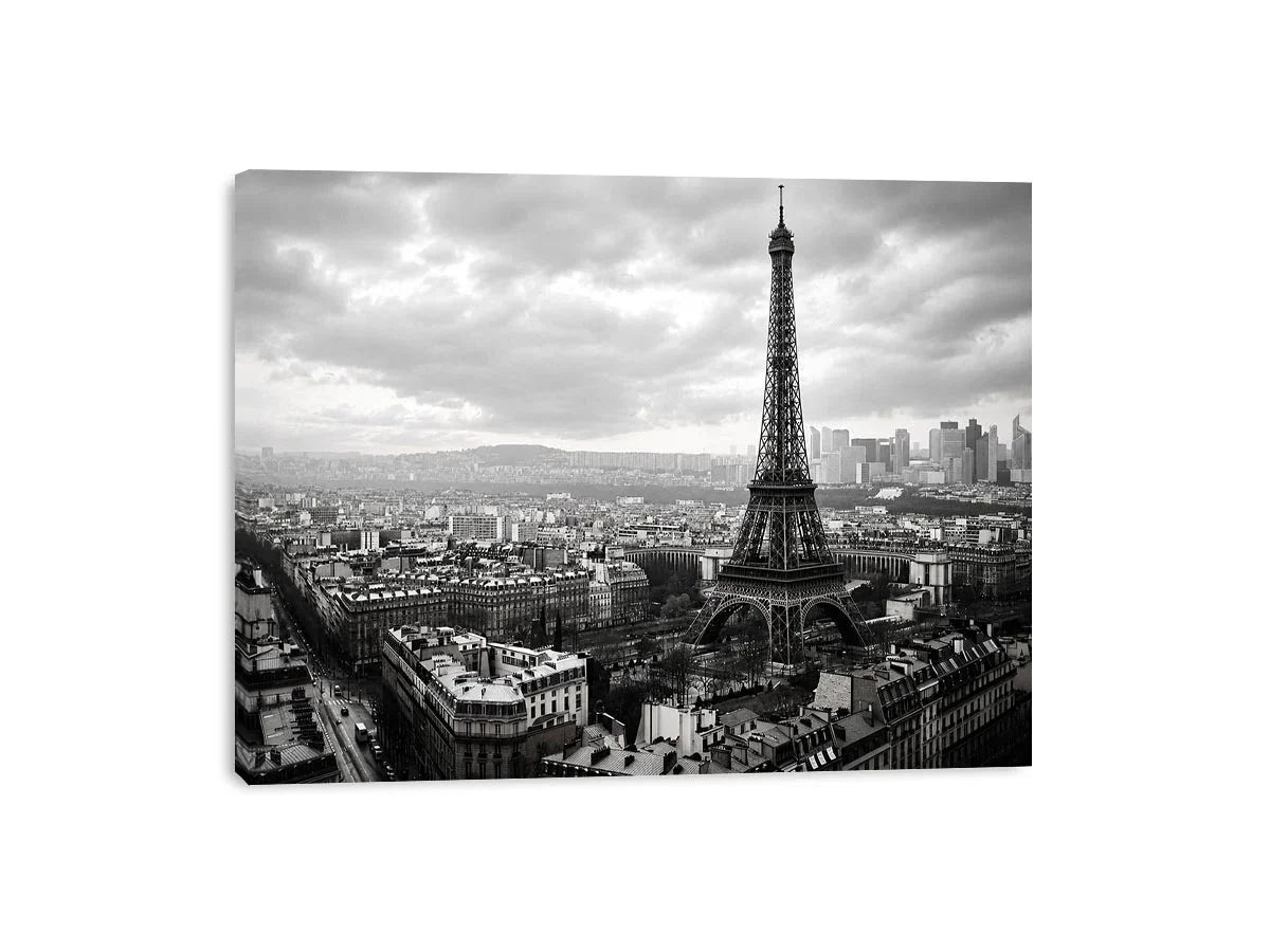 Eiffel Tower amid Parisian skyline haze