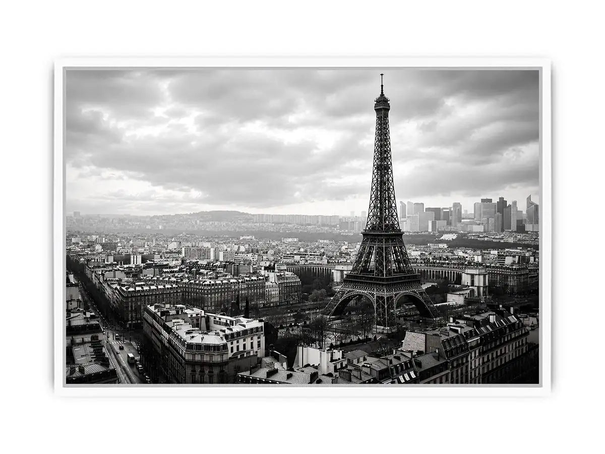 Eiffel Tower amid Parisian skyline haze