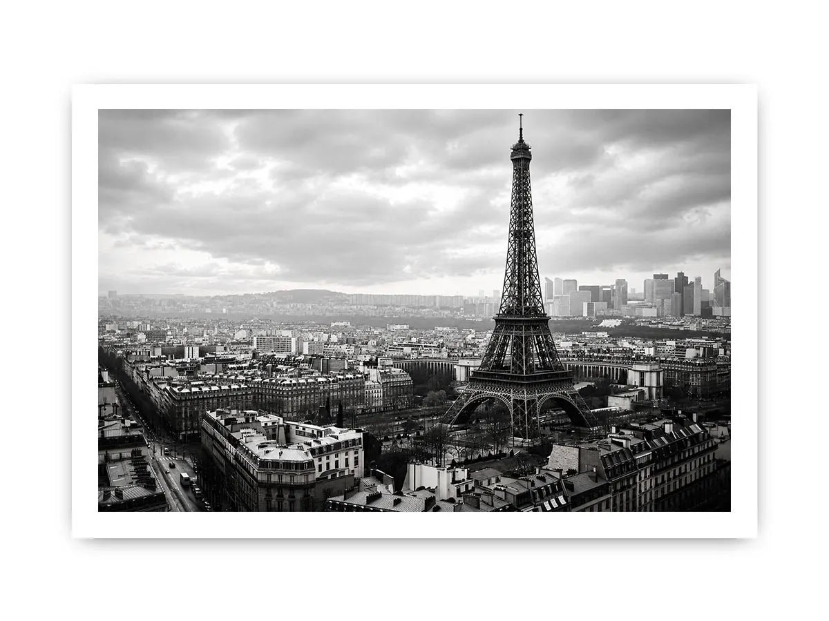 Eiffel Tower amid Parisian skyline haze