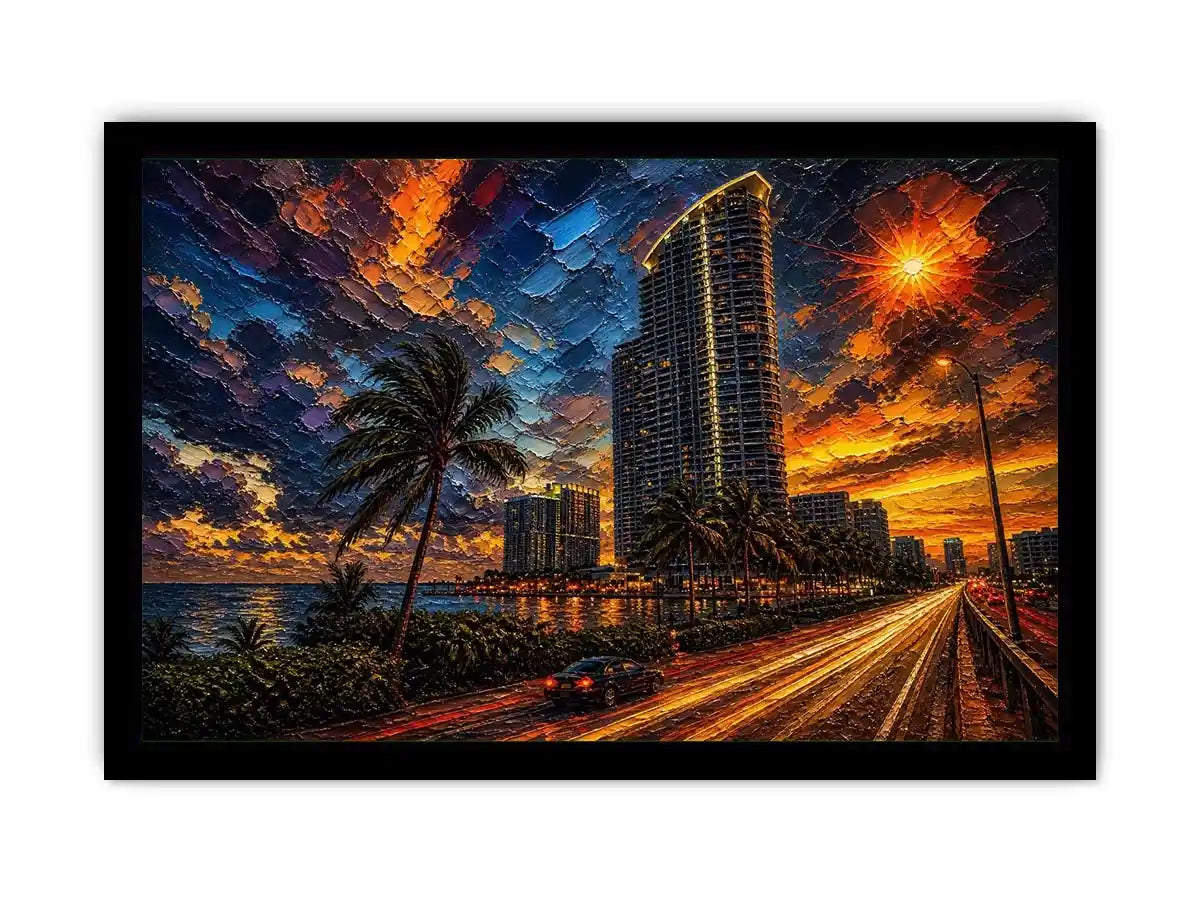 Coastal city at sunset in motion