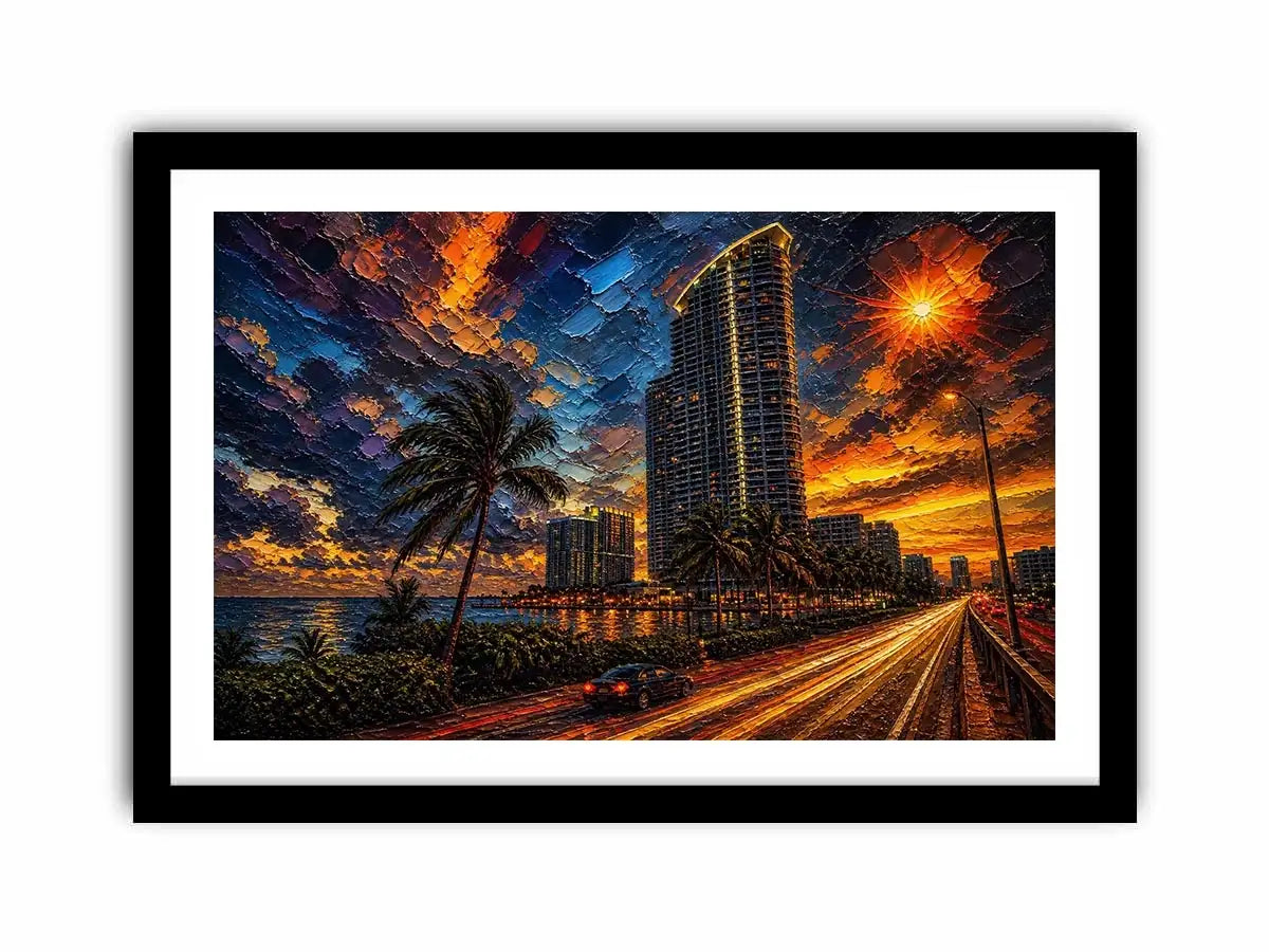 Coastal city at sunset in motion