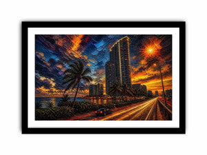 Coastal city at sunset in motion