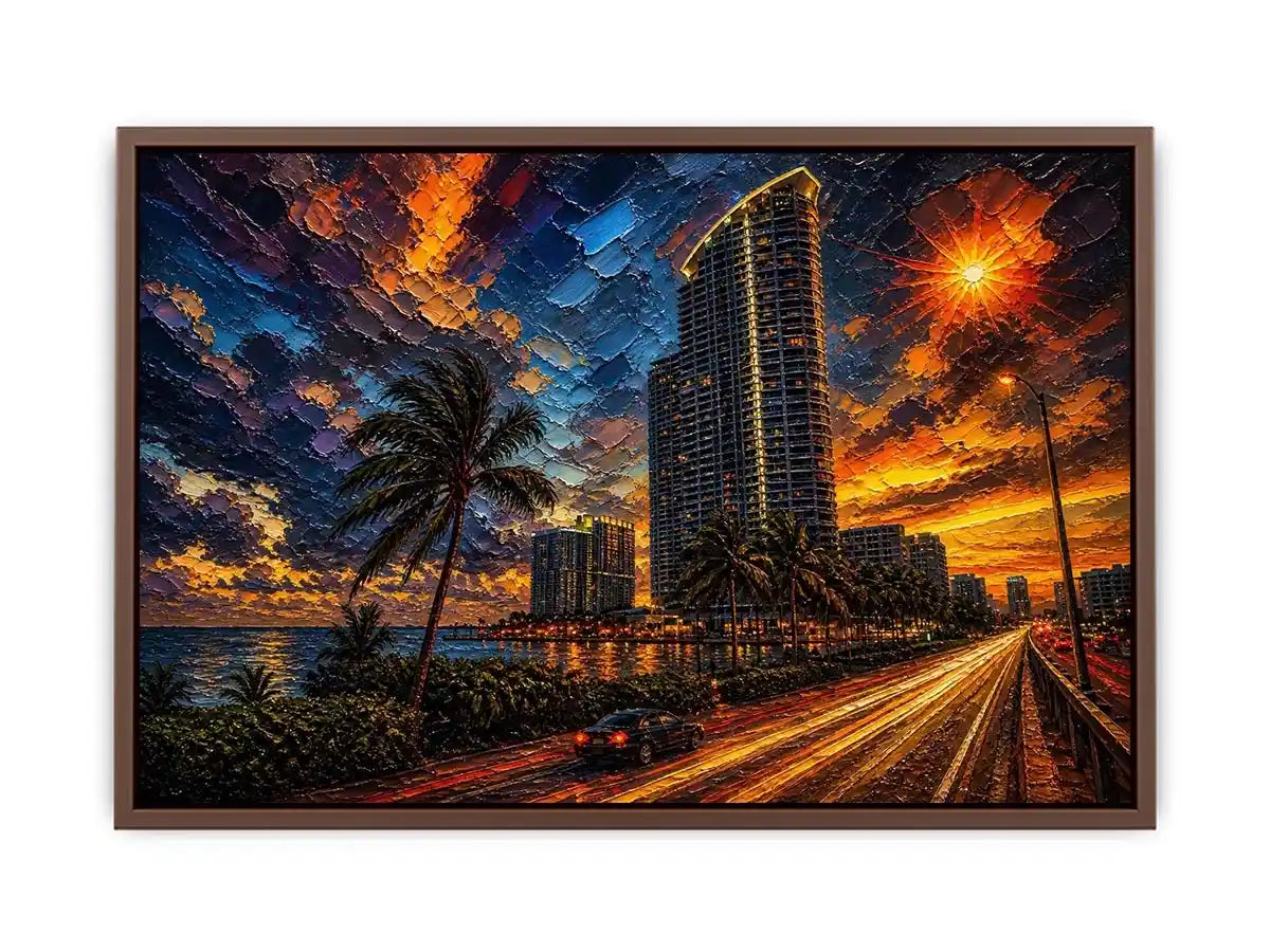 Coastal city at sunset in motion