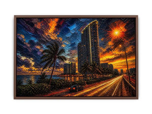Coastal city at sunset in motion