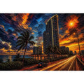 Coastal city at sunset in motion