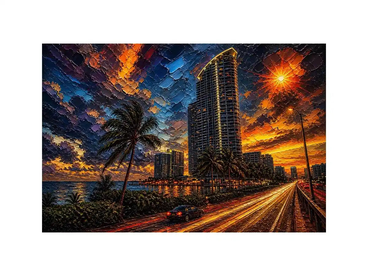 Coastal city at sunset in motion
