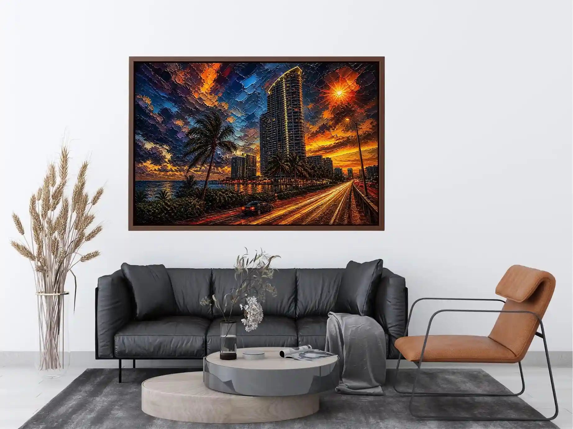 Coastal city at sunset in motion