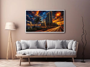 Coastal city at sunset in motion
