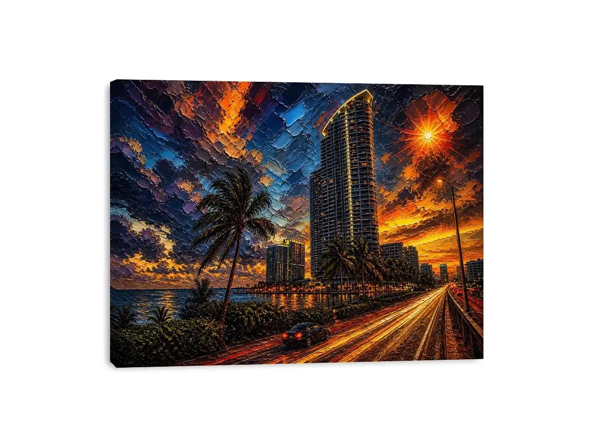 Coastal city at sunset in motion