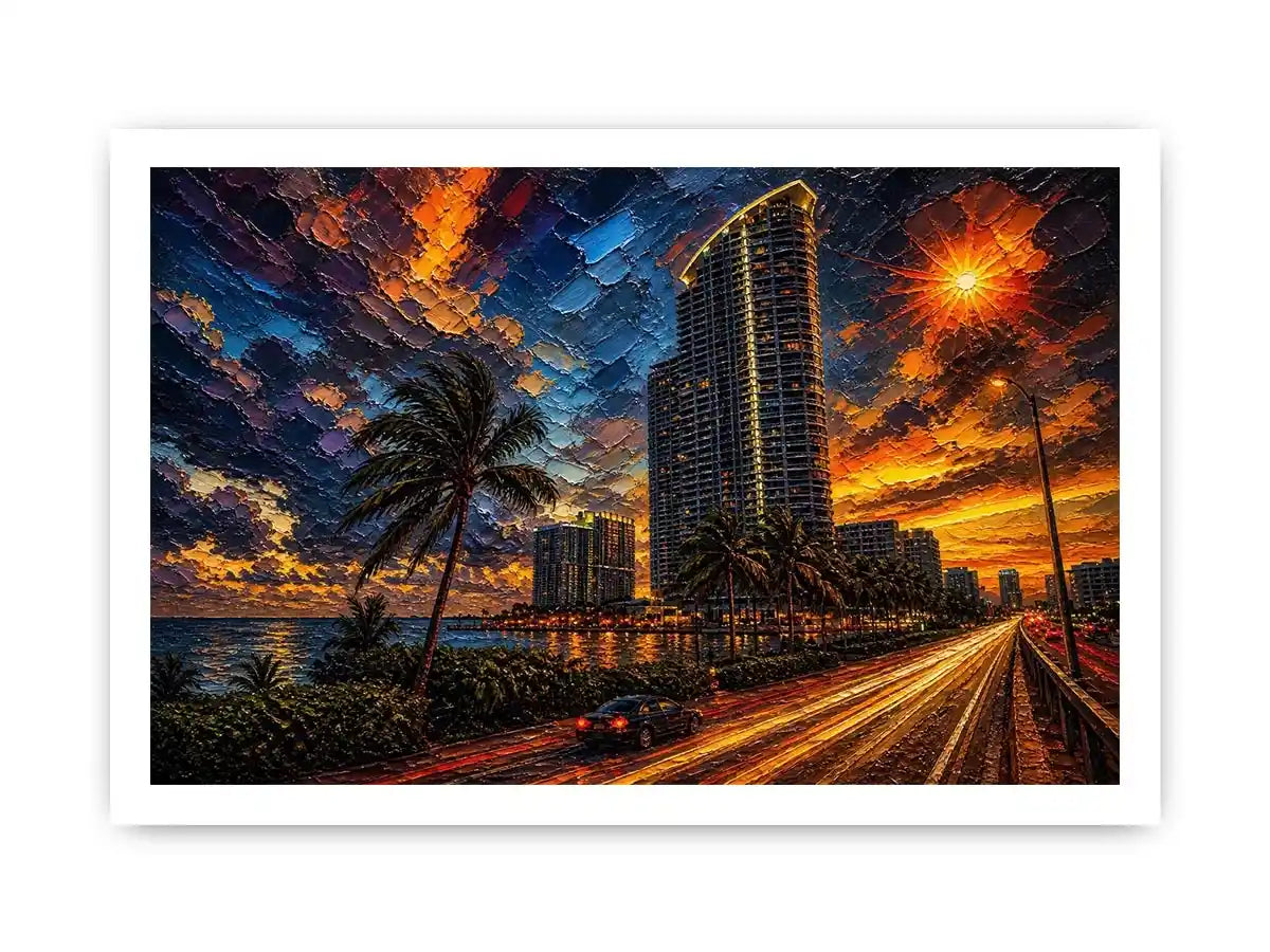 Coastal city at sunset in motion