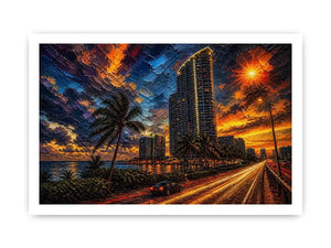 Coastal city at sunset in motion
