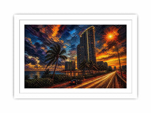 Coastal city at sunset in motion
