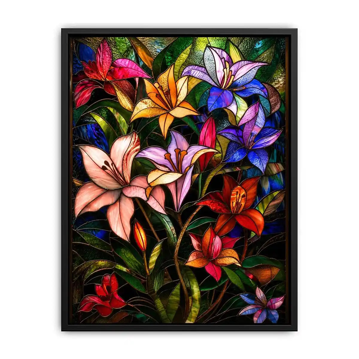 Vibrant stained-glass floral arrangement