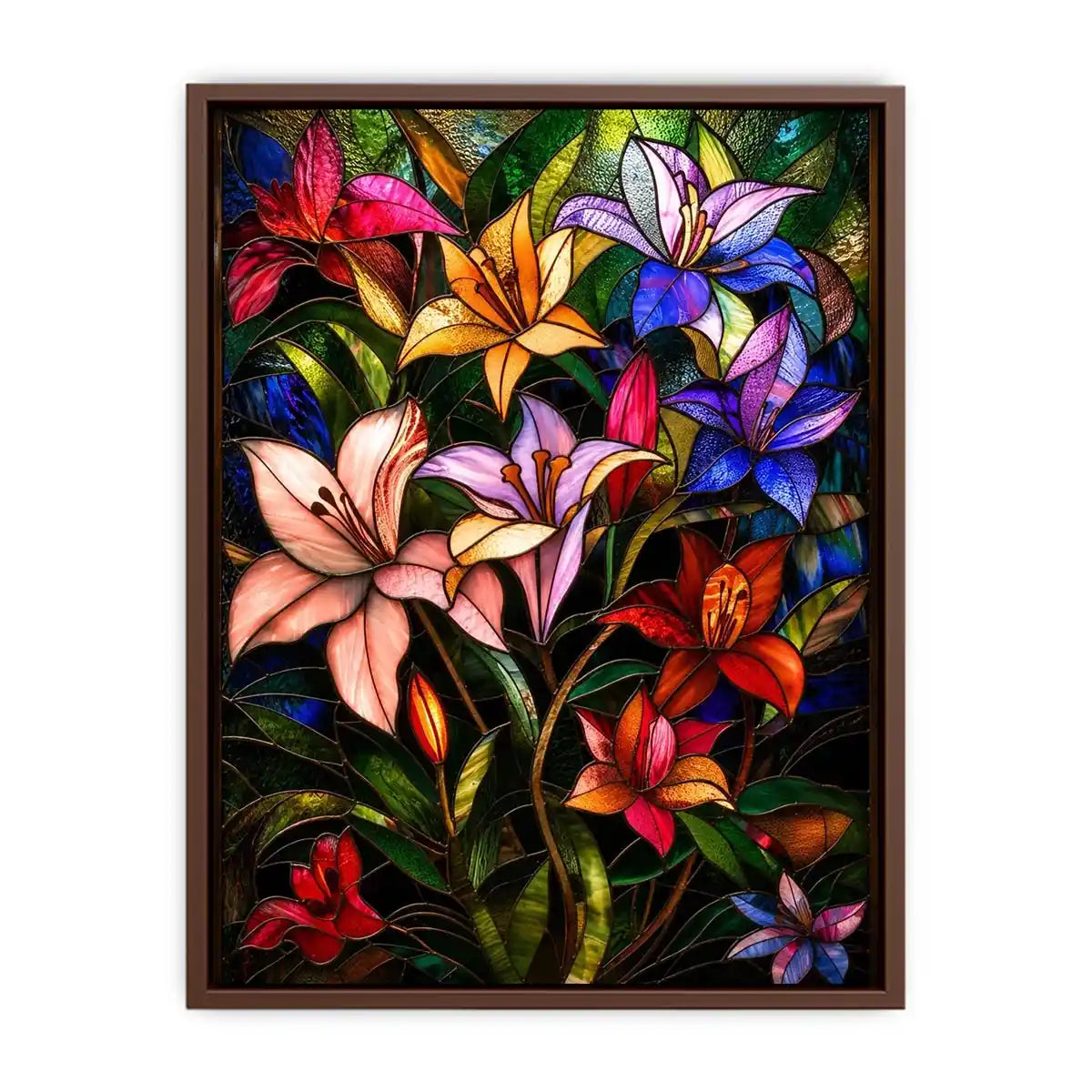 Vibrant stained-glass floral arrangement