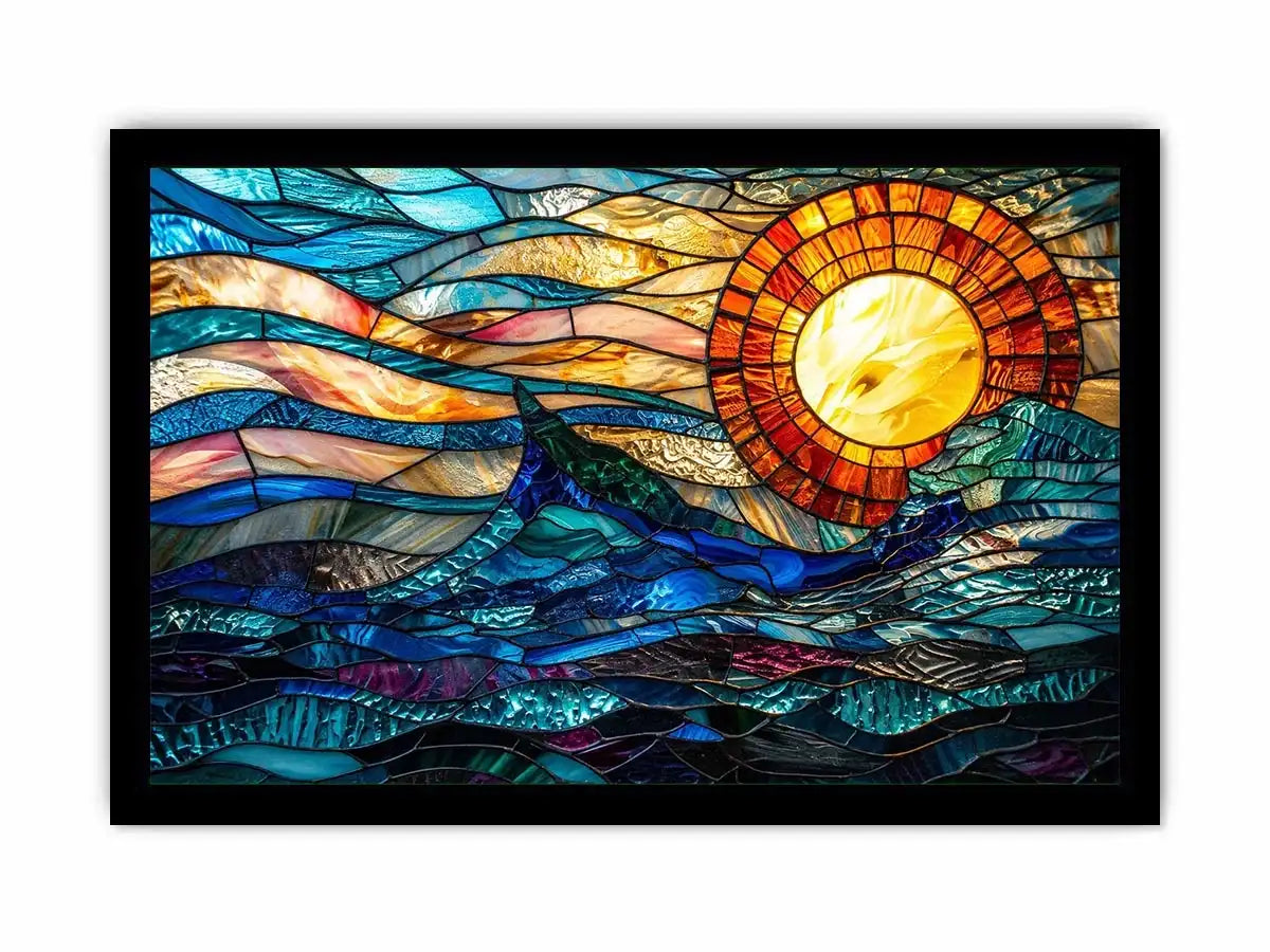 Stained glass ocean and sun mosaic
