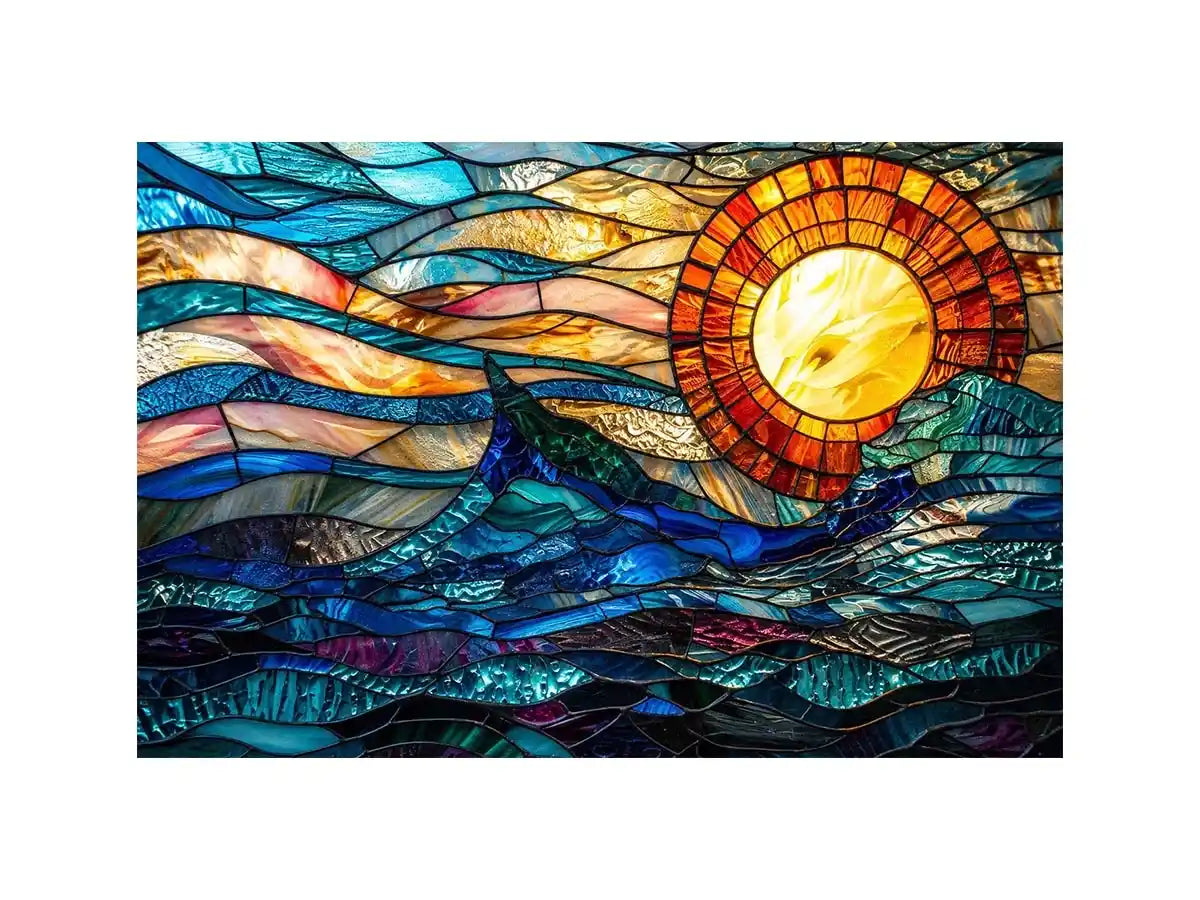 Stained glass ocean and sun mosaic