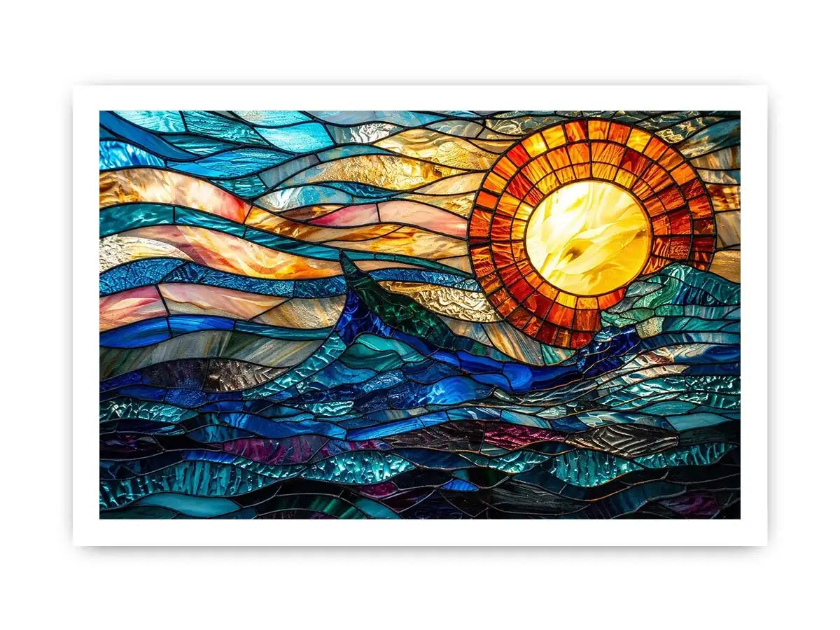 Stained glass ocean and sun mosaic
