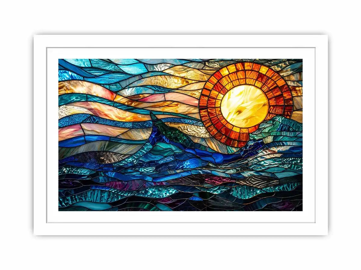 Stained glass ocean and sun mosaic