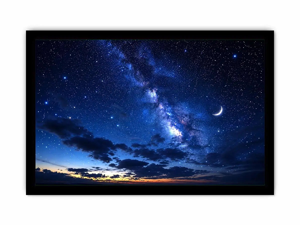 Starry night with crescent moon and clouds