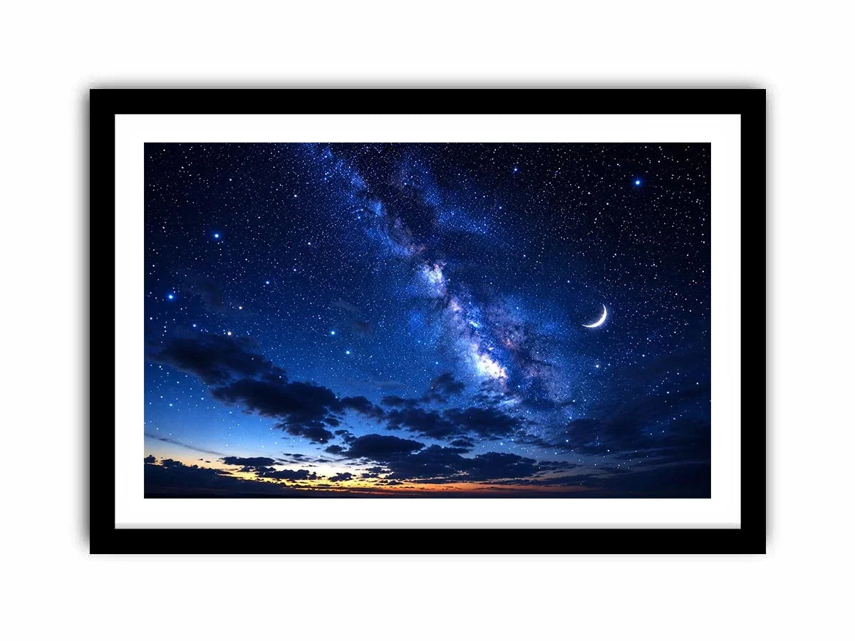 Starry night with crescent moon and clouds