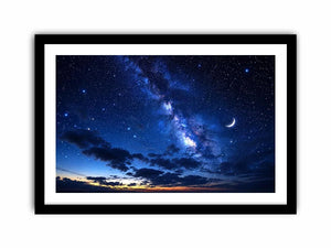 Starry night with crescent moon and clouds
