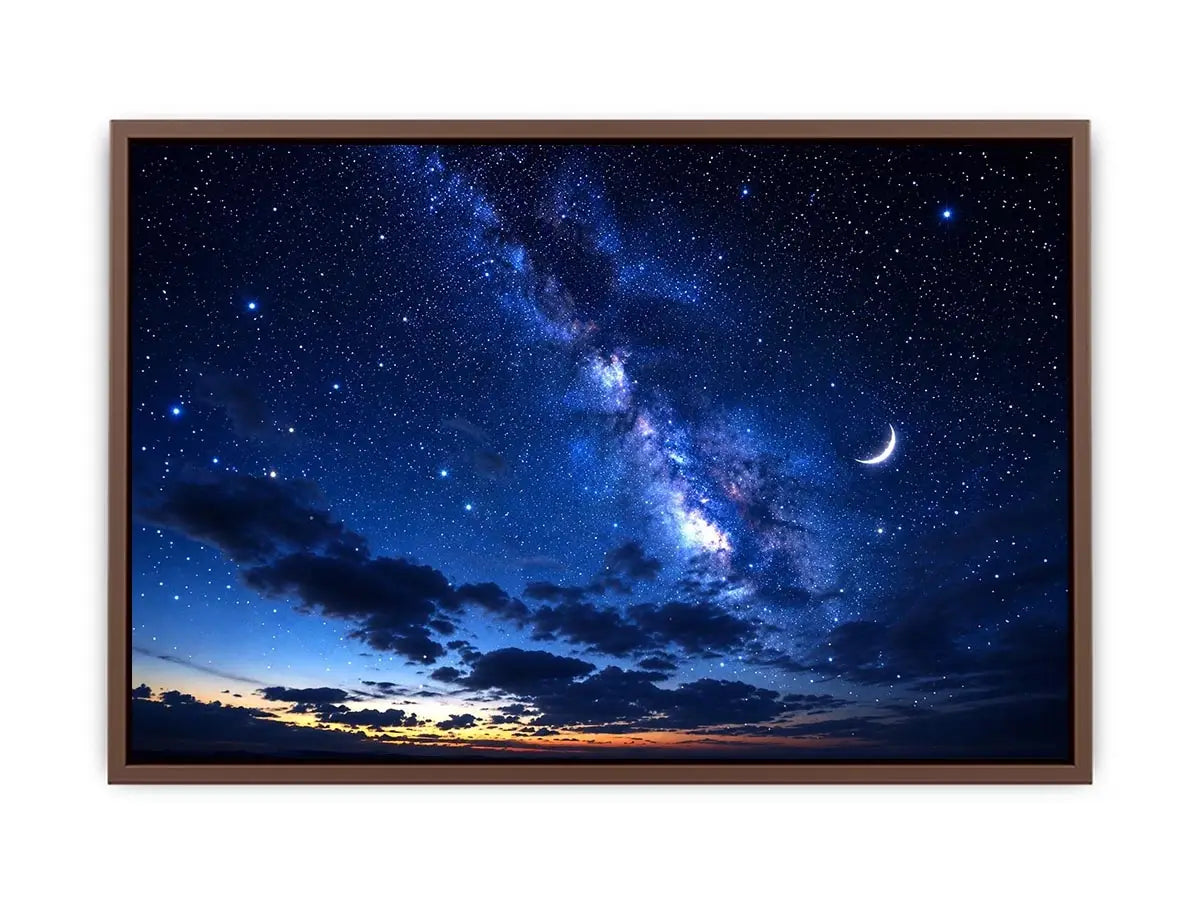 Starry night with crescent moon and clouds
