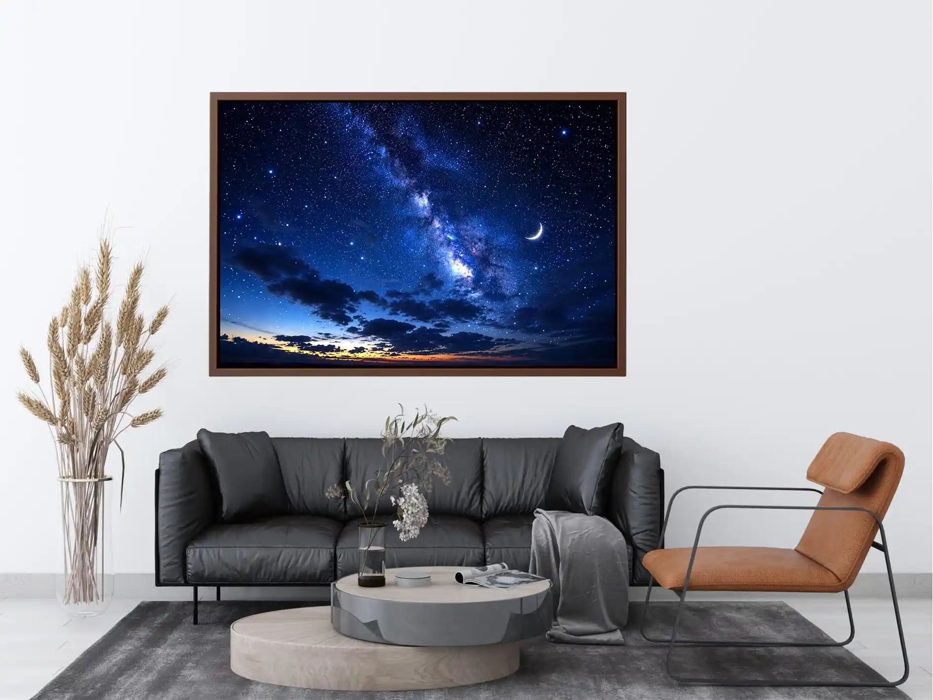 Starry night with crescent moon and clouds