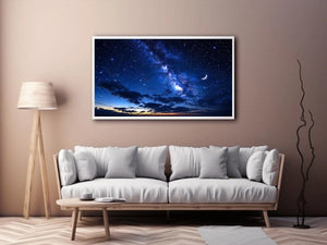 Starry night with crescent moon and clouds