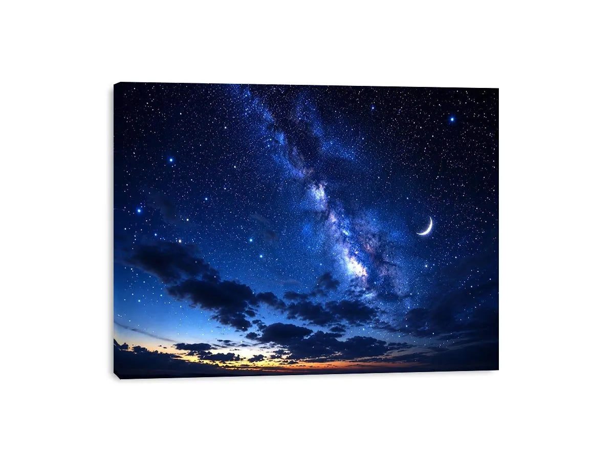 Starry night with crescent moon and clouds