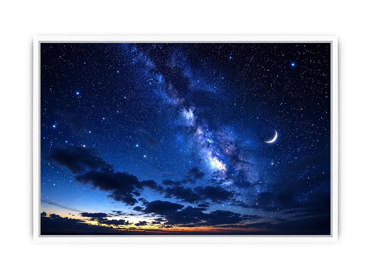 Starry night with crescent moon and clouds