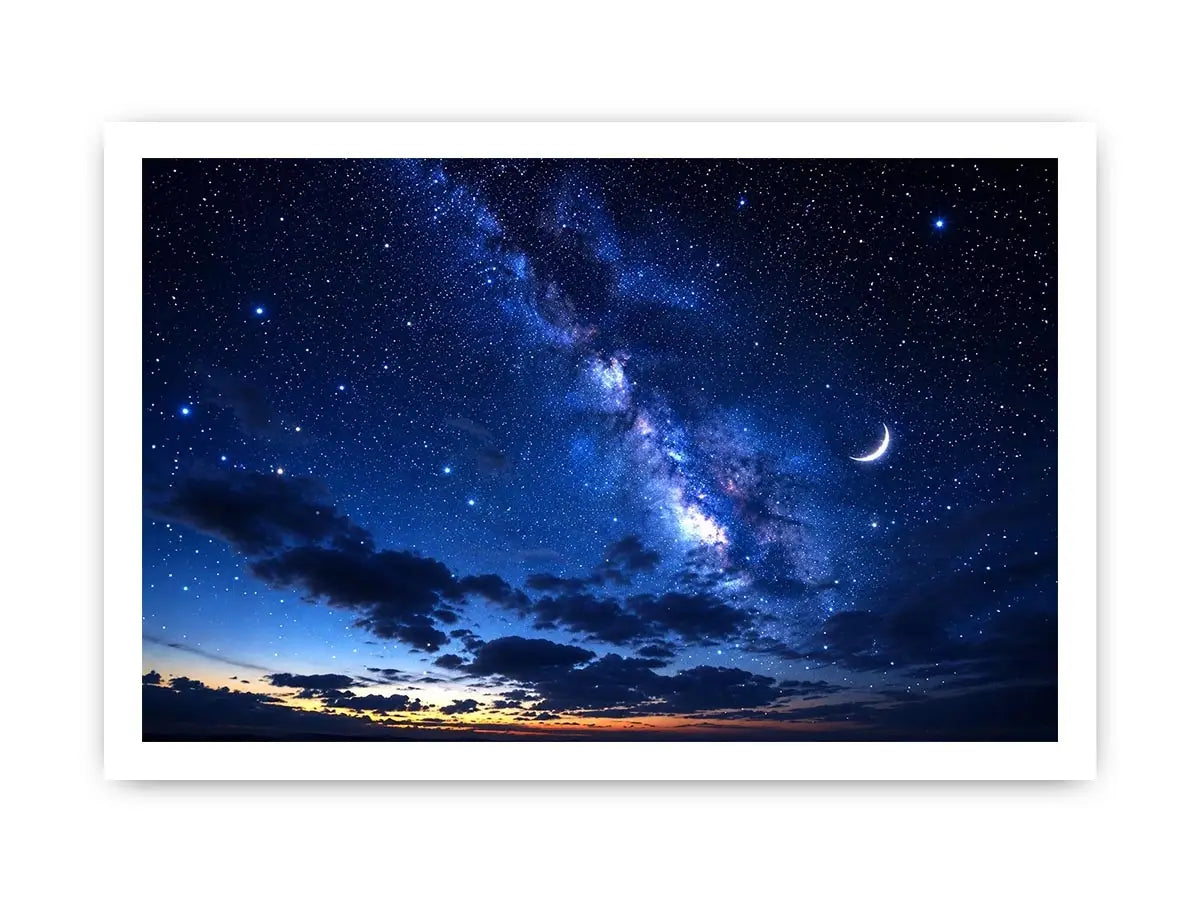 Starry night with crescent moon and clouds