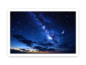 Starry night with crescent moon and clouds