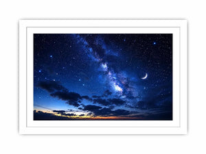 Starry night with crescent moon and clouds