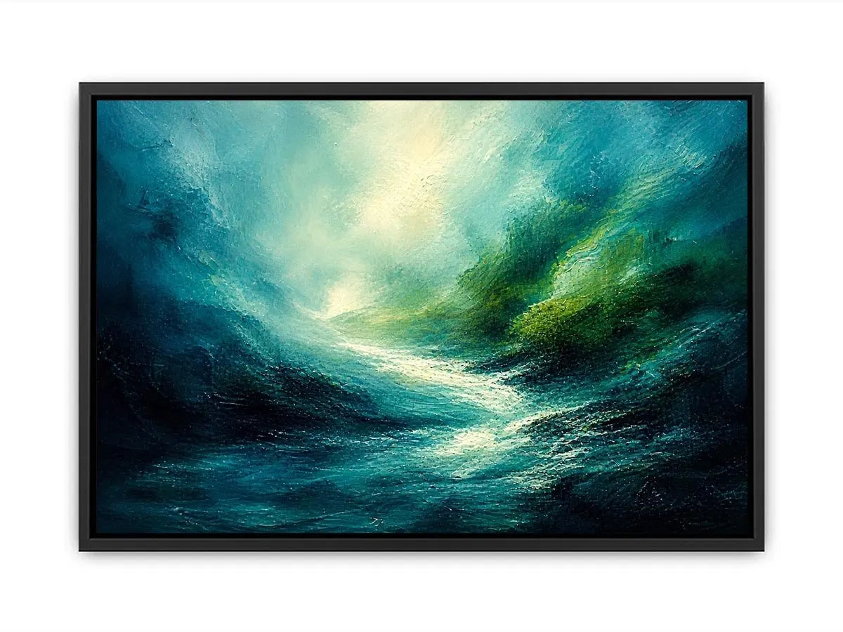 Misty coastal glow with swirling waters
