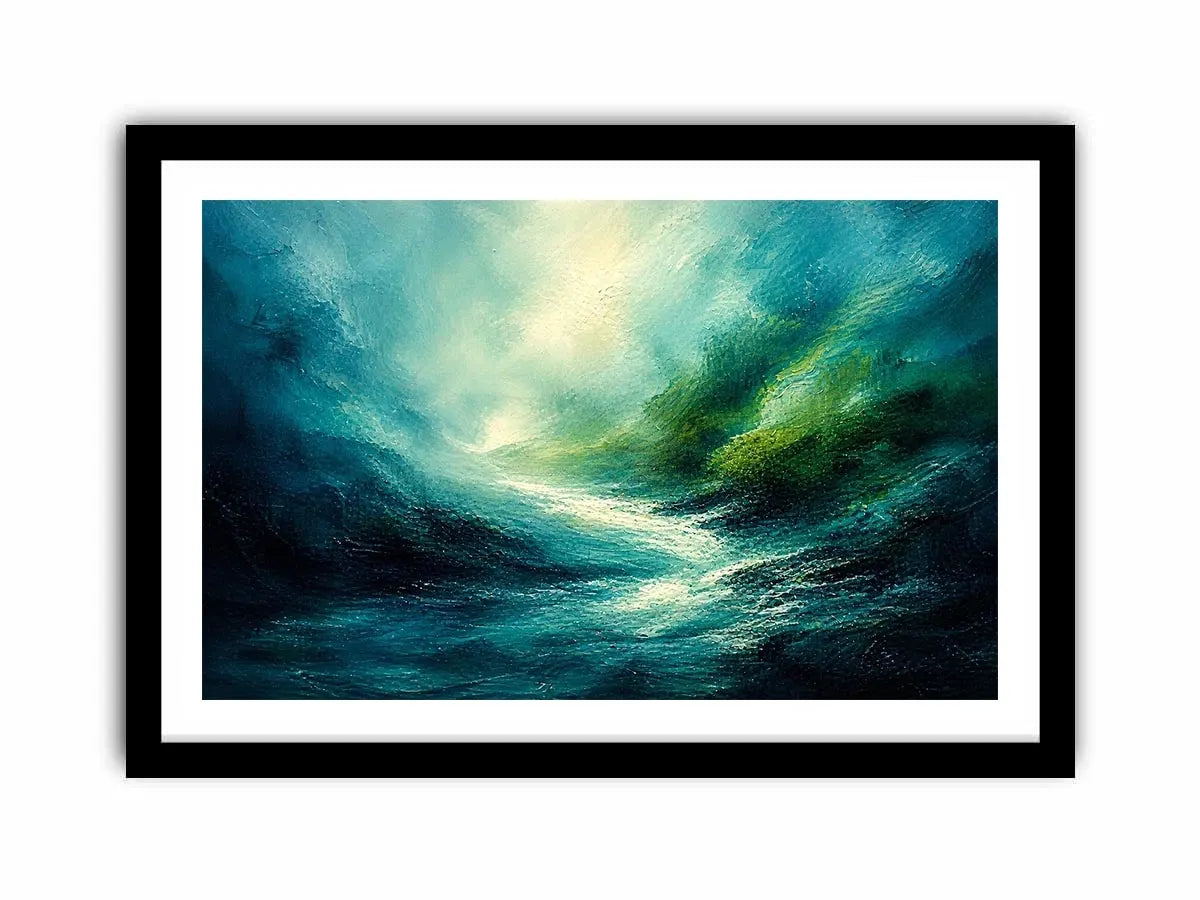 Misty coastal glow with swirling waters