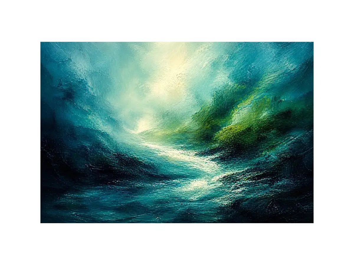Misty coastal glow with swirling waters