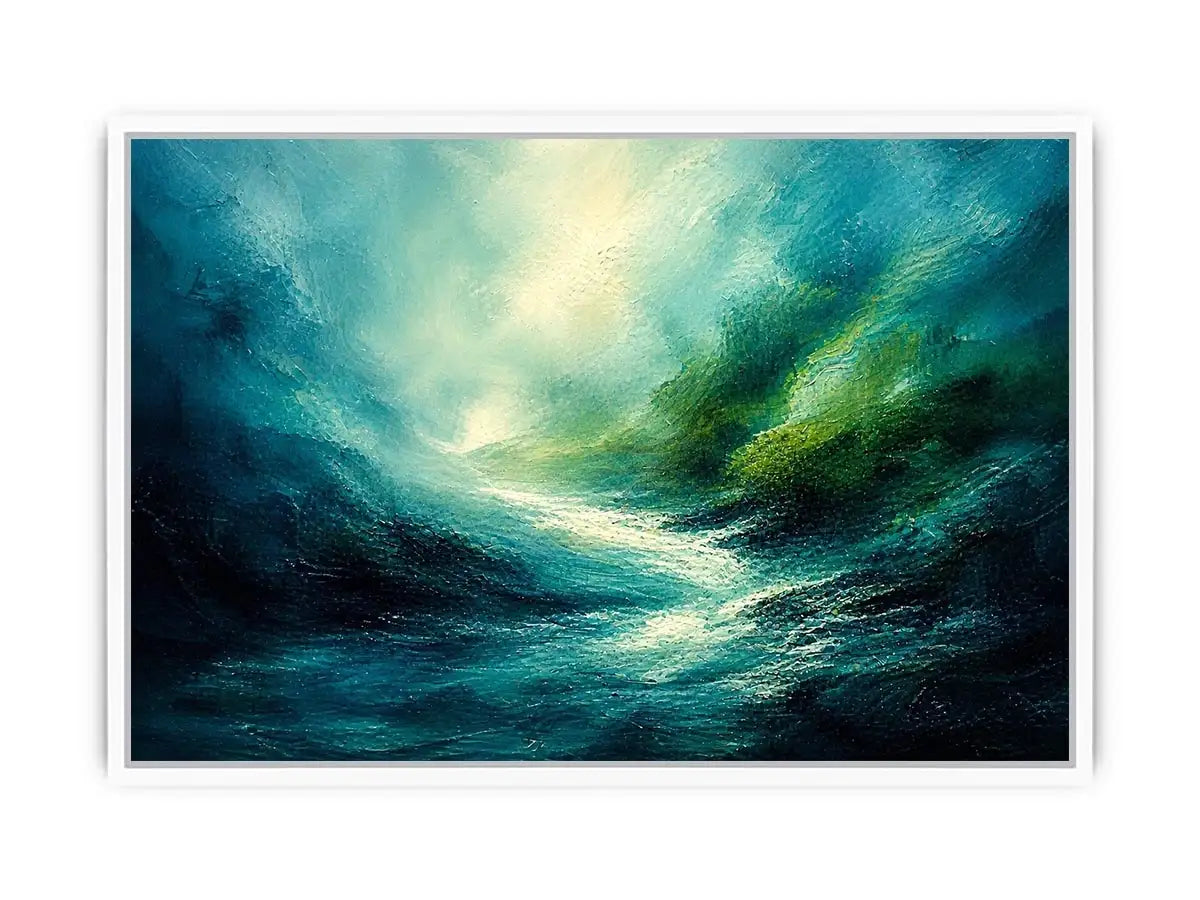 Misty coastal glow with swirling waters