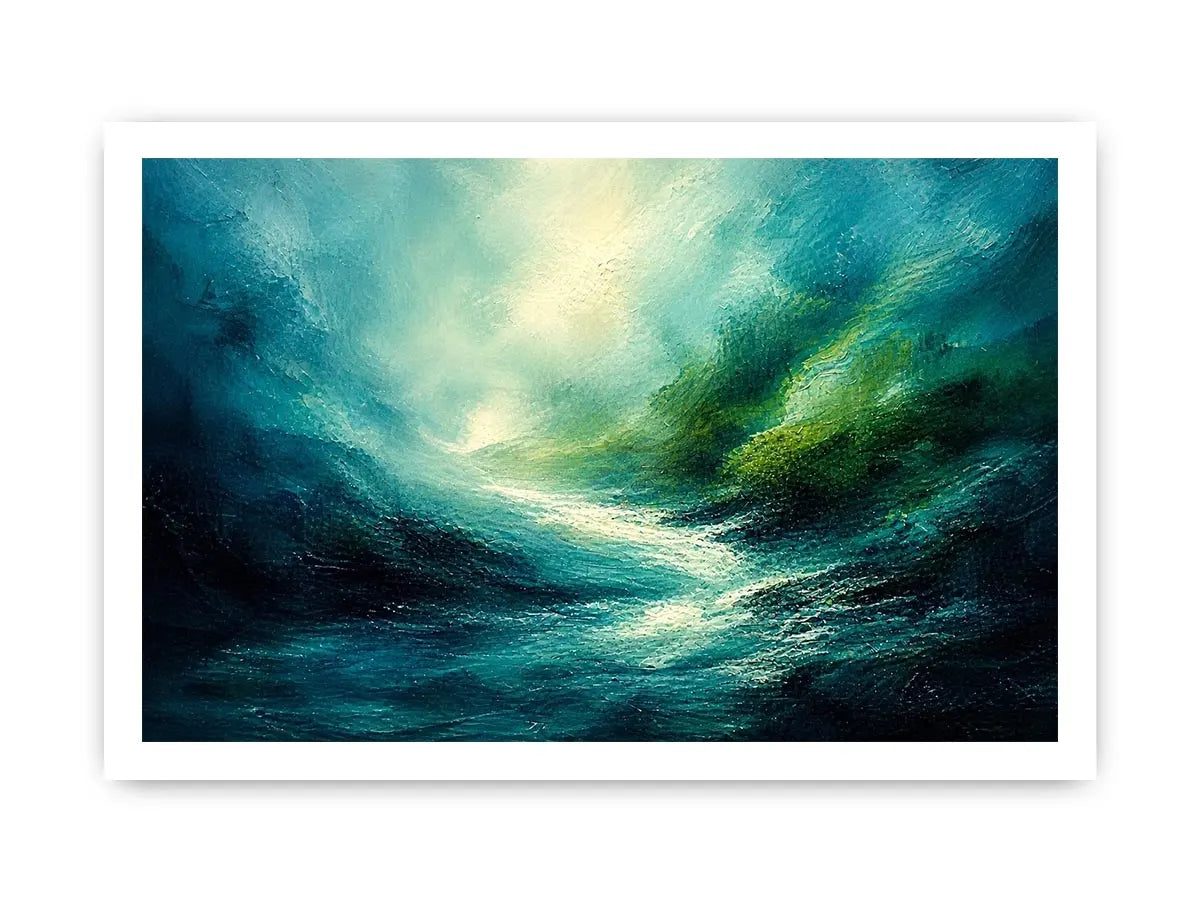 Misty coastal glow with swirling waters