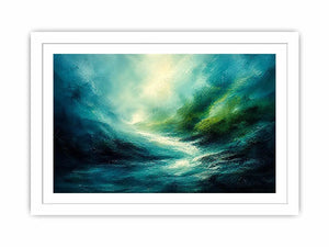 Misty coastal glow with swirling waters