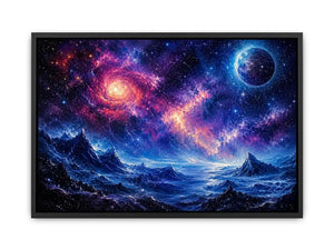 Cosmic nebula over icy alien terrain