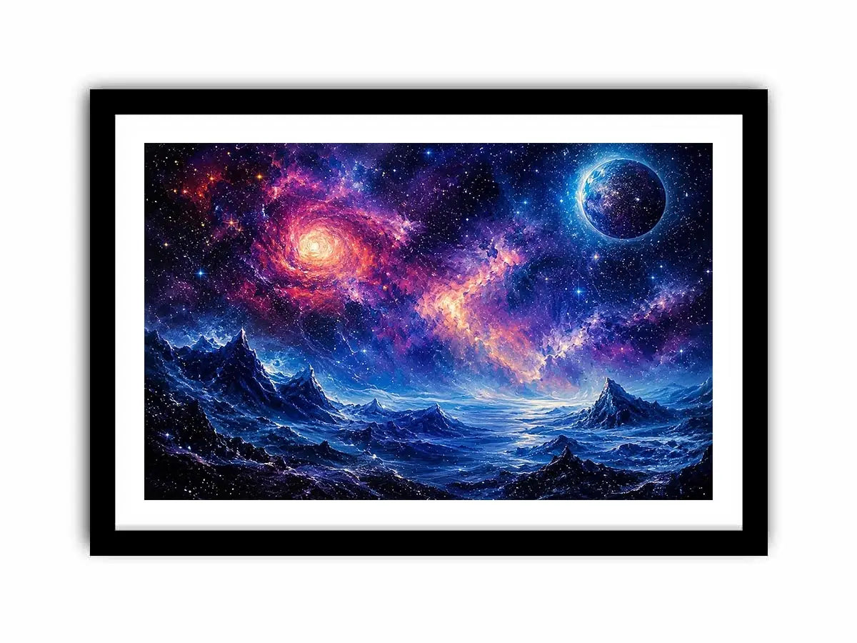 Cosmic nebula over icy alien terrain