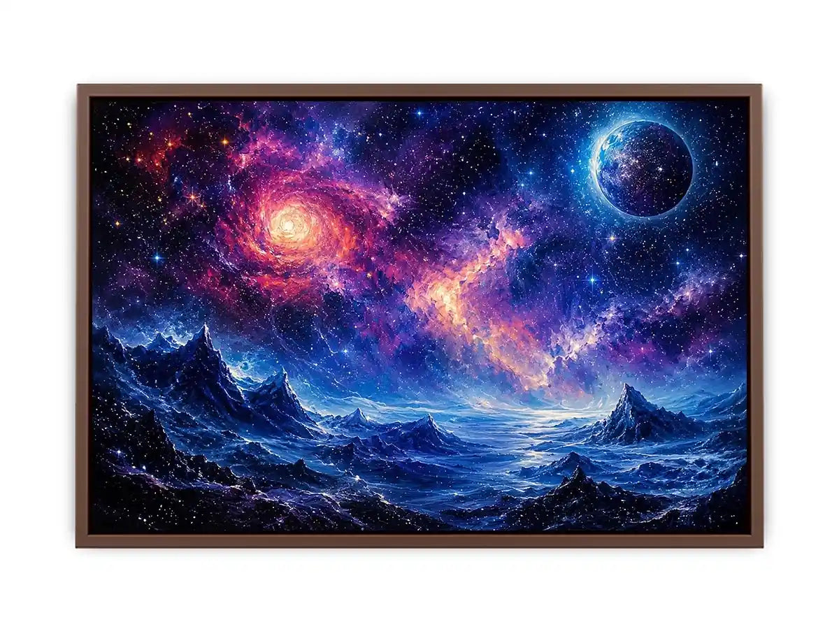 Cosmic nebula over icy alien terrain