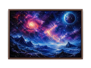 Cosmic nebula over icy alien terrain